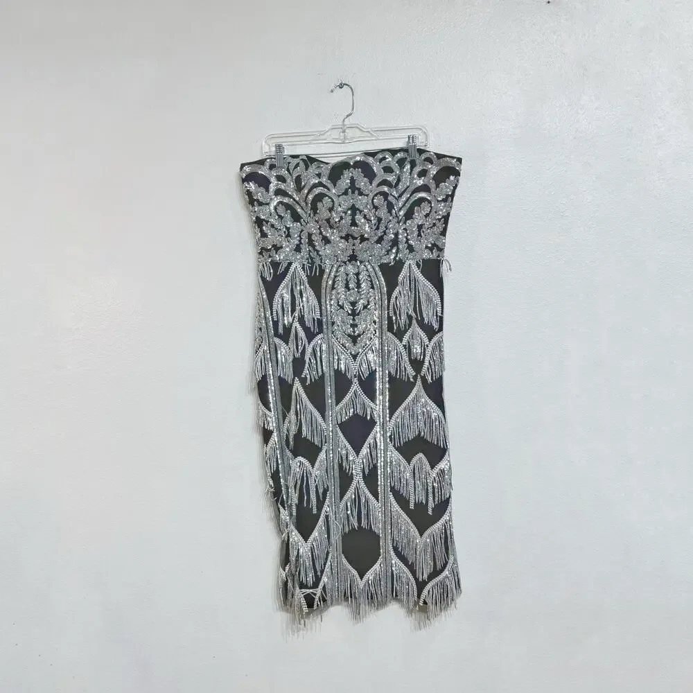 Dress the Population Black Viviana Sequin Fringe Strapless Midi Dress Sz XXL - Picture 2 of 13